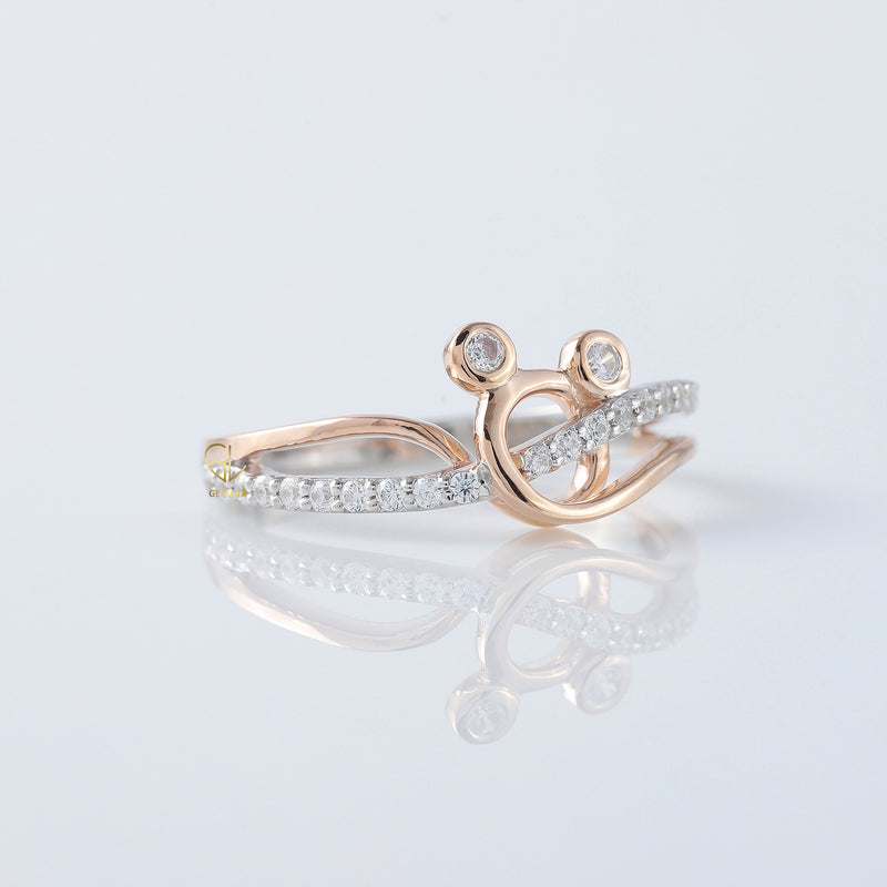 Cross Over Two Tone Minnie Mickey Mouse Face Moissanite Ring