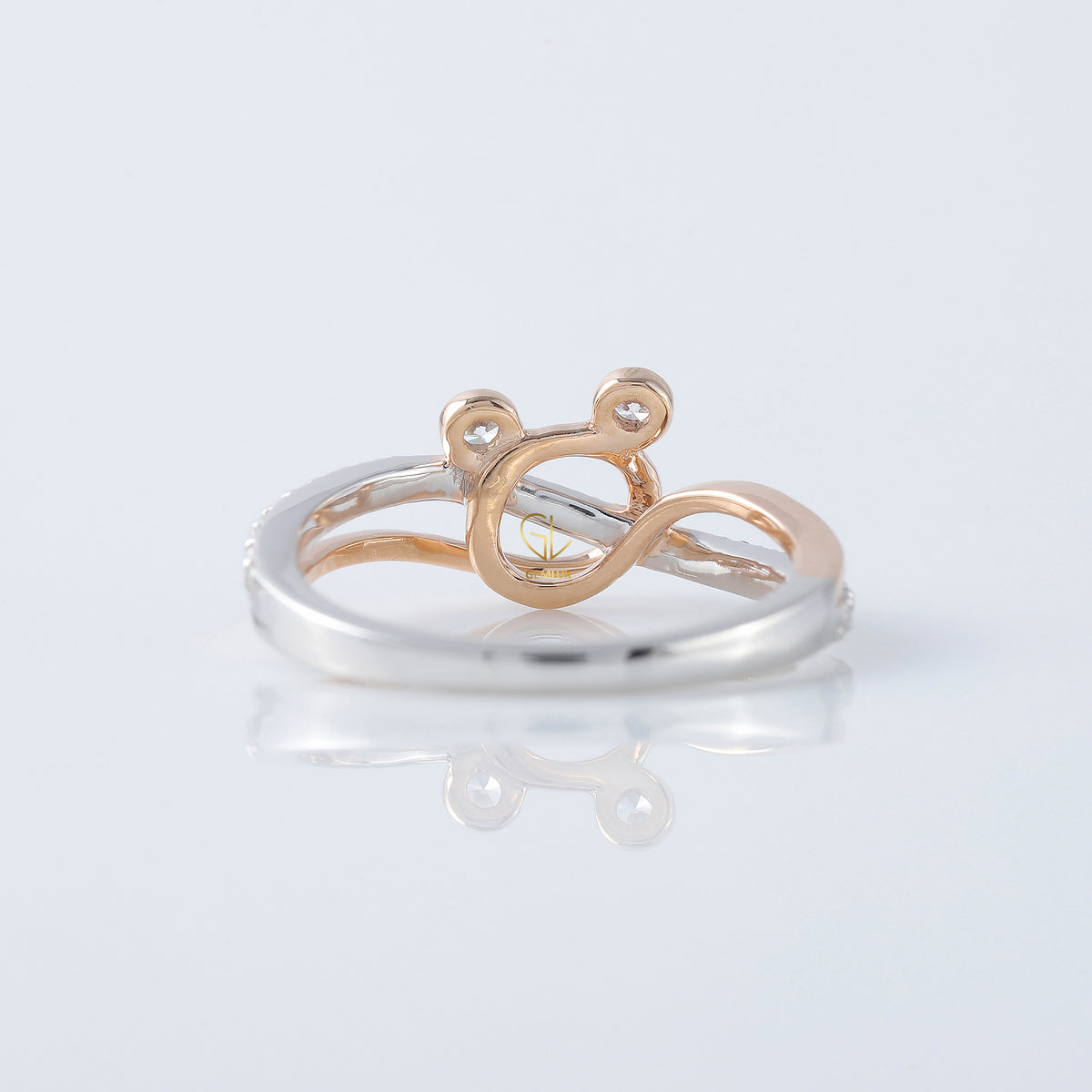 Cross Over Two Tone Minnie Mickey Mouse Face Moissanite Ring 