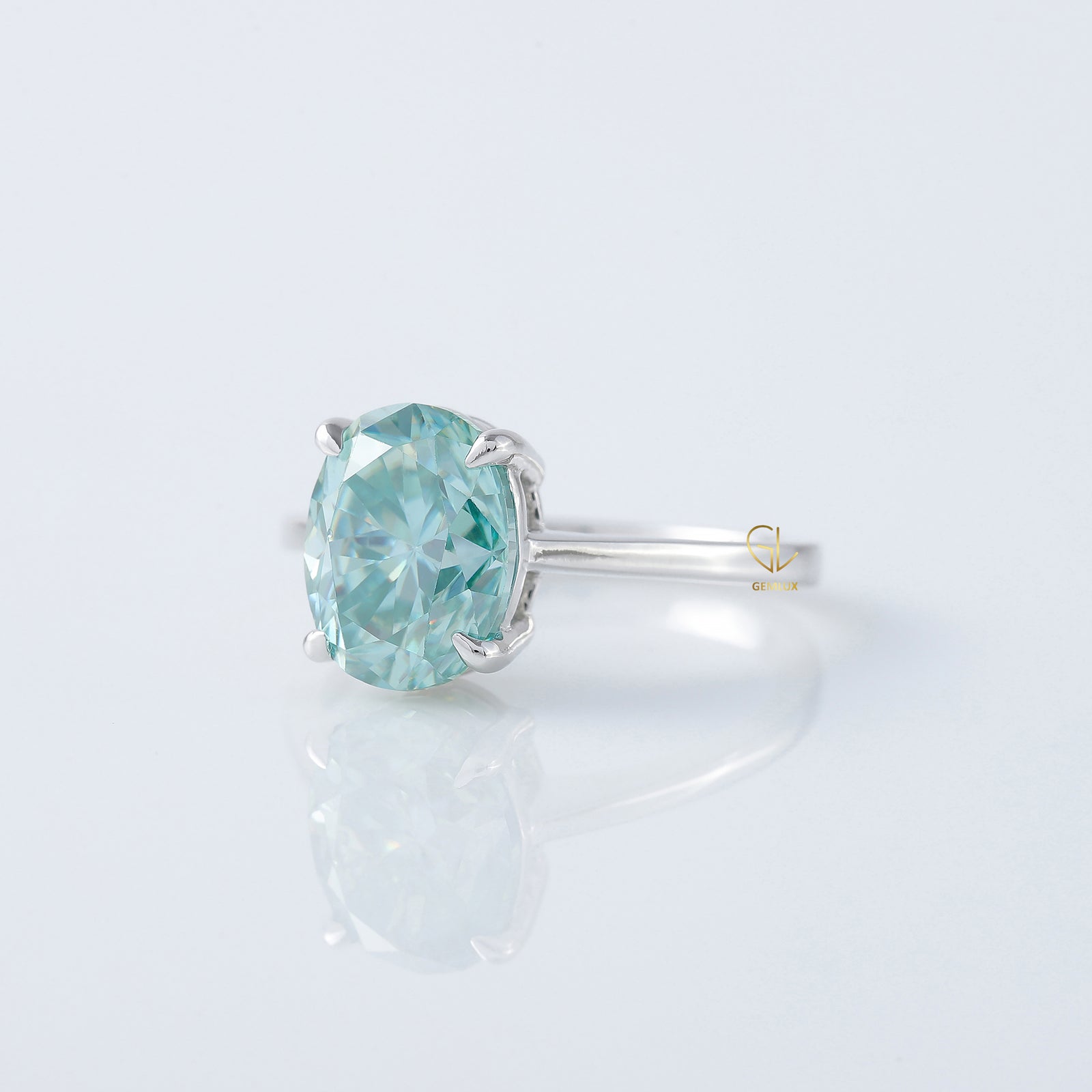 Blue Aquamarine Oval Cut Moissanite Solitaire Ring