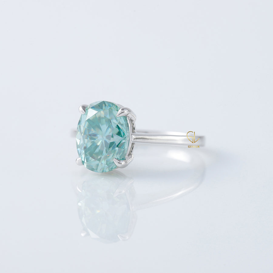 Blue Aquamarine Oval Cut Moissanite Solitaire Ring