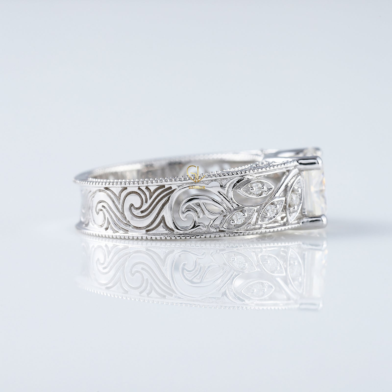 Vintage Leaf Inspired Princess Cut Moissanite Filigree Wide Band