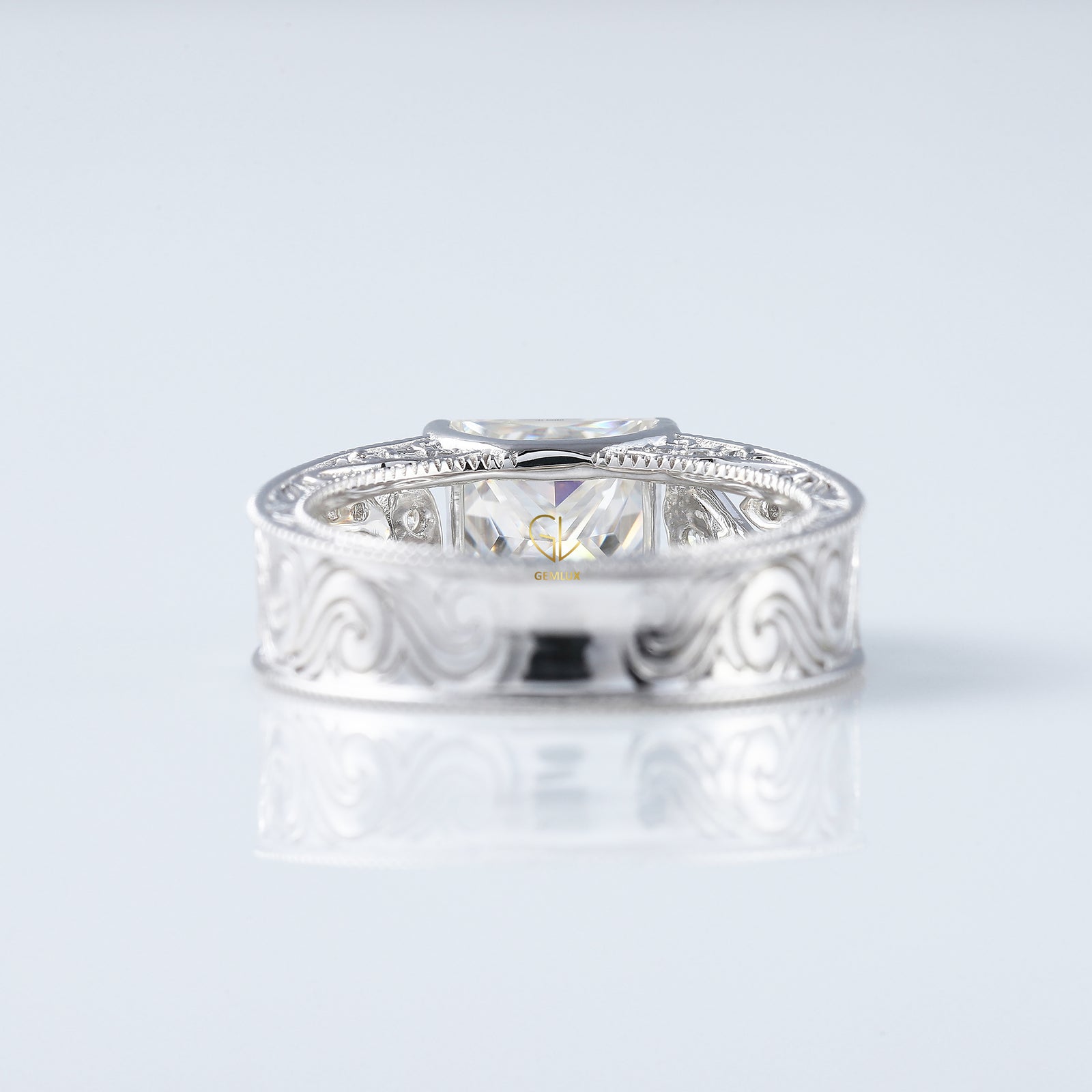 Vintage Leaf Inspired Princess Cut Moissanite Filigree Wide Band