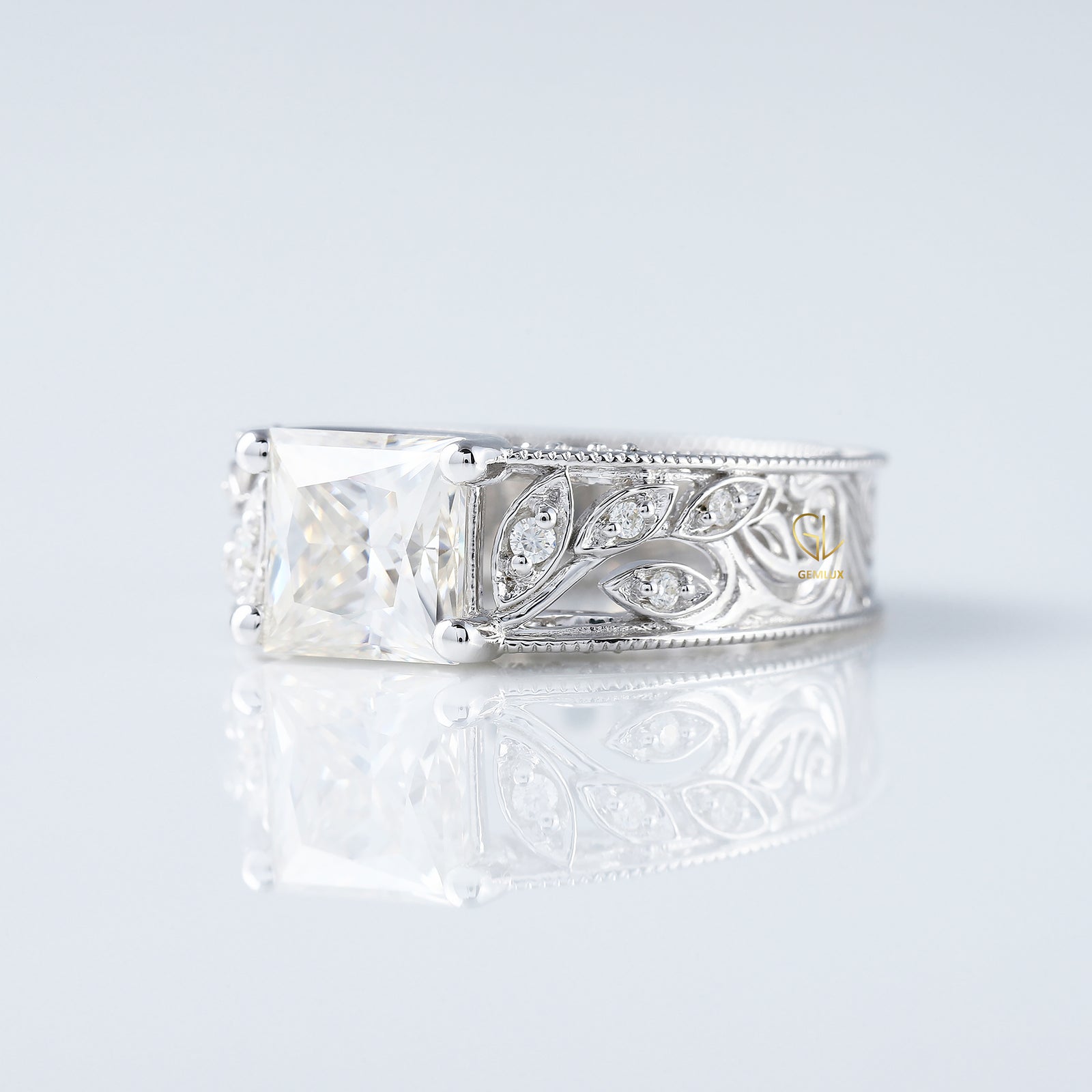 Leaf Inspired Princess Cut Lab Grown Art Deco Filigree Wedding Band