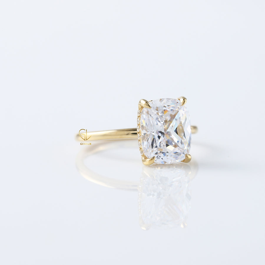 Elongated Cushion Cut Moissanite Hidden Halo Ring