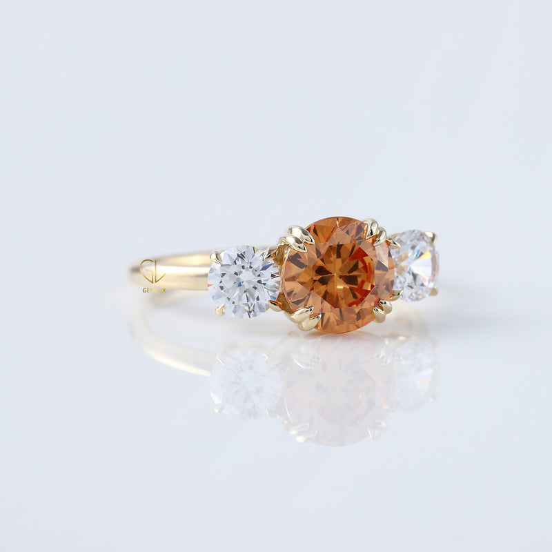 Round Cut Champagne Moissanite Three Stone Ring