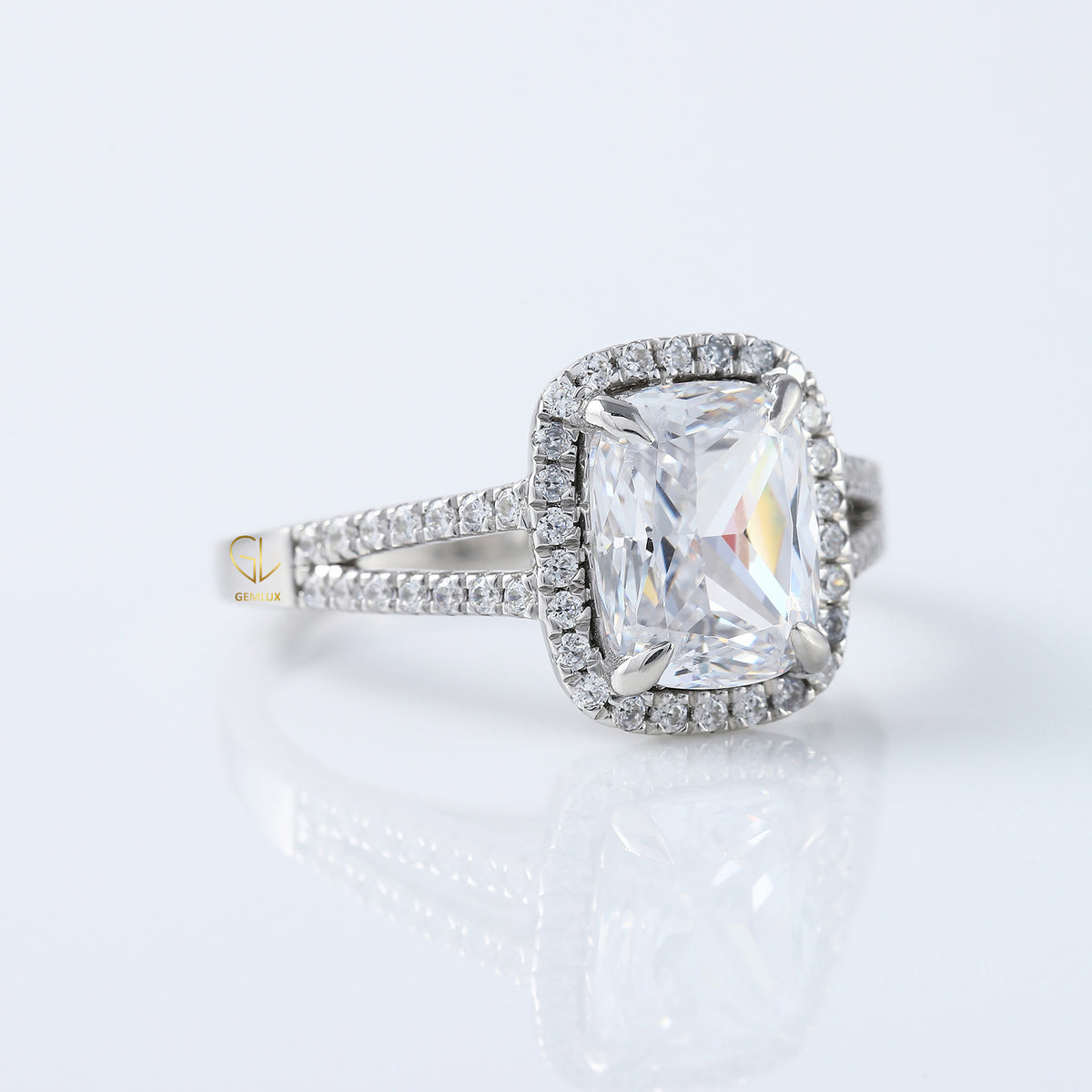 Split Shank Elongated Cushion Cut Lab Grown Halo Ring