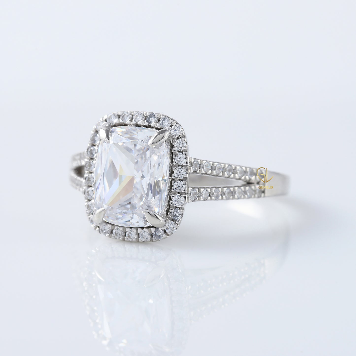 2.5 Ct Elongated Cushion Cut Moissanite Halo Split Shank White Gold Ring