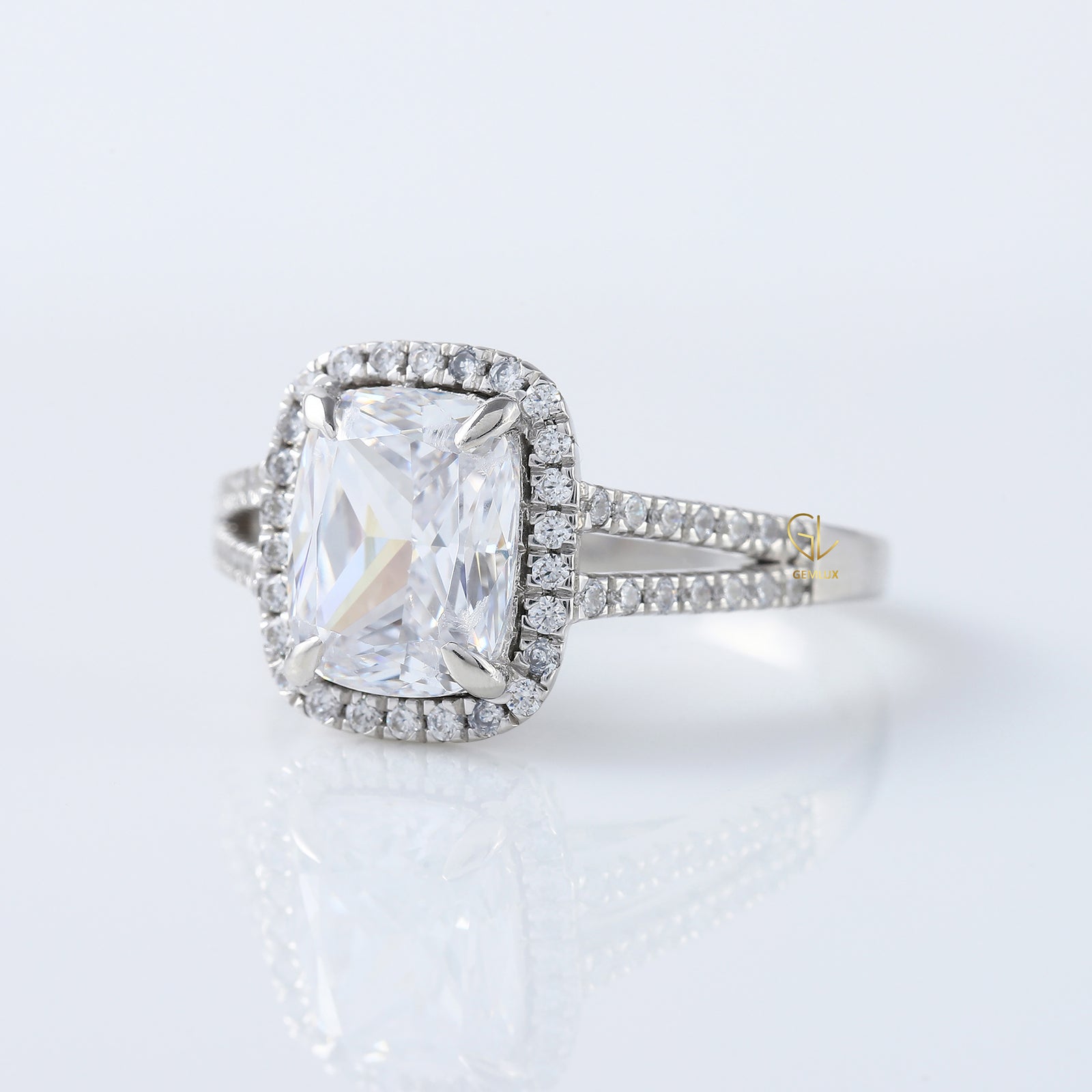 2.5 Ct Elongated Cushion Cut Moissanite Halo Split Shank White Gold Ring