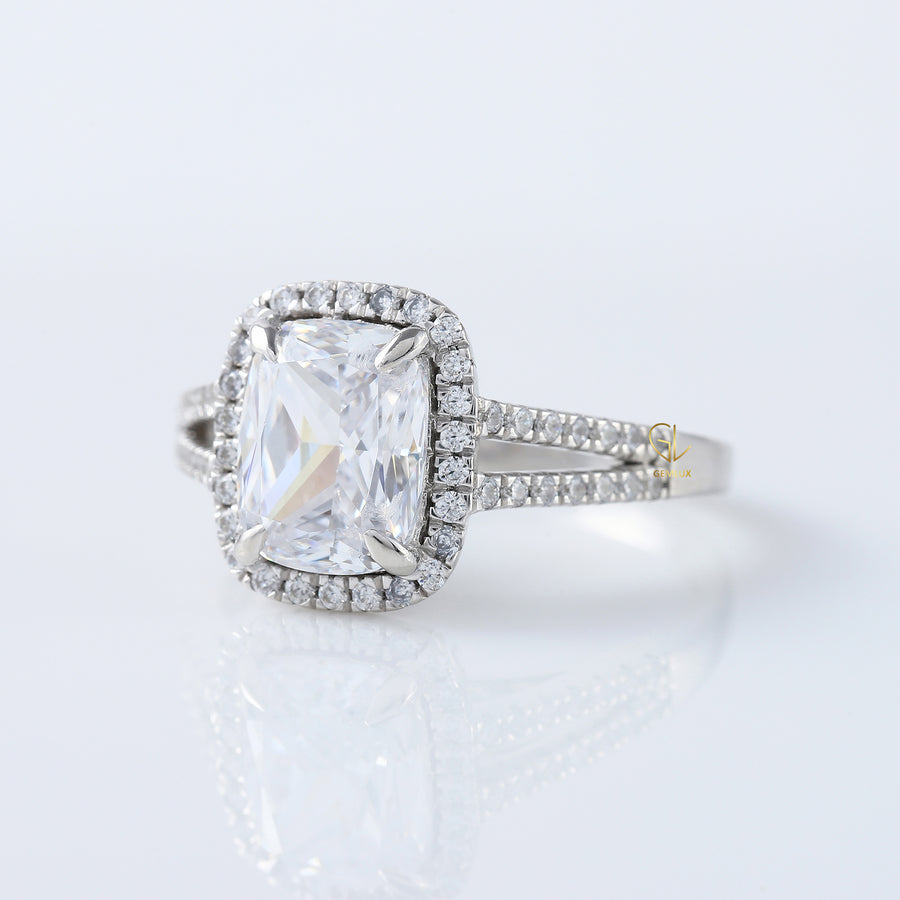 Split Shank Elongated Cushion Cut Lab Grown Halo Ring