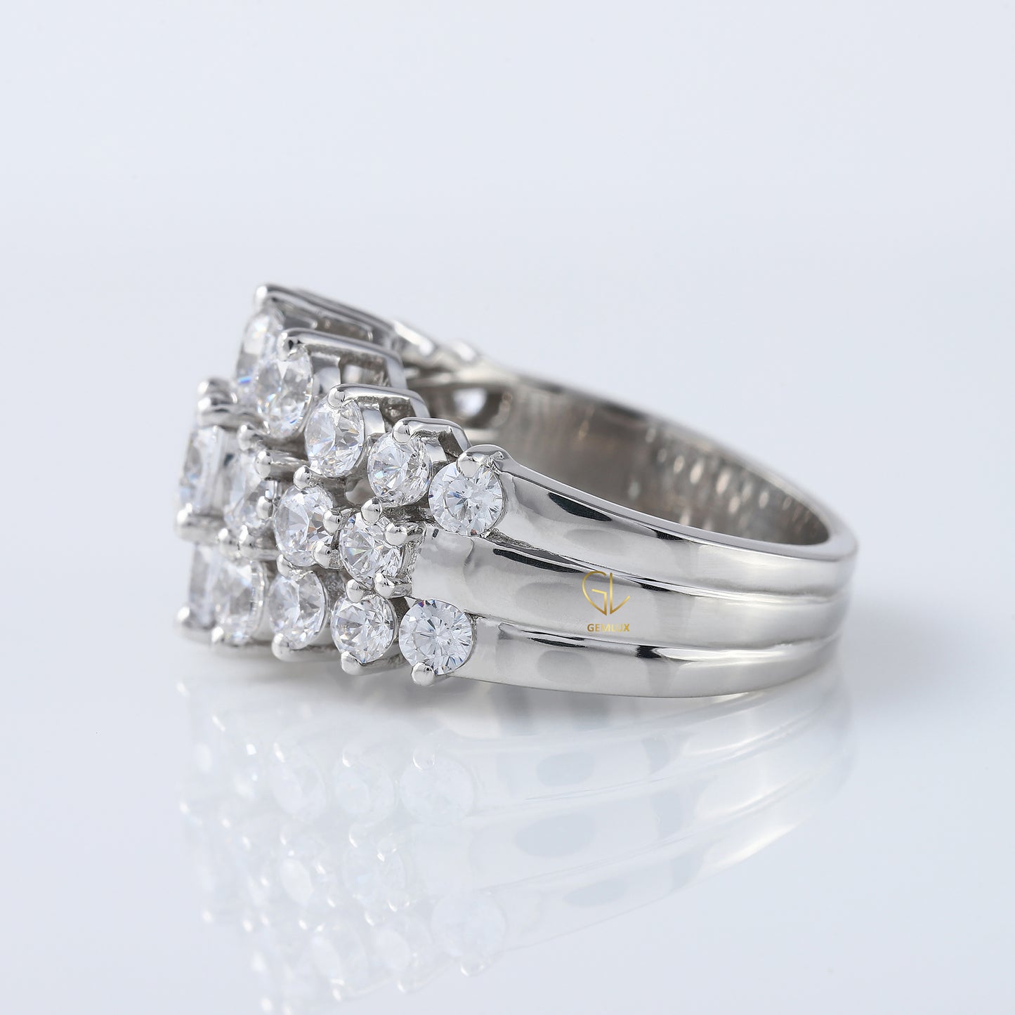 Art Deco Three Row Round Moissanite Half Eternity Wedding Band