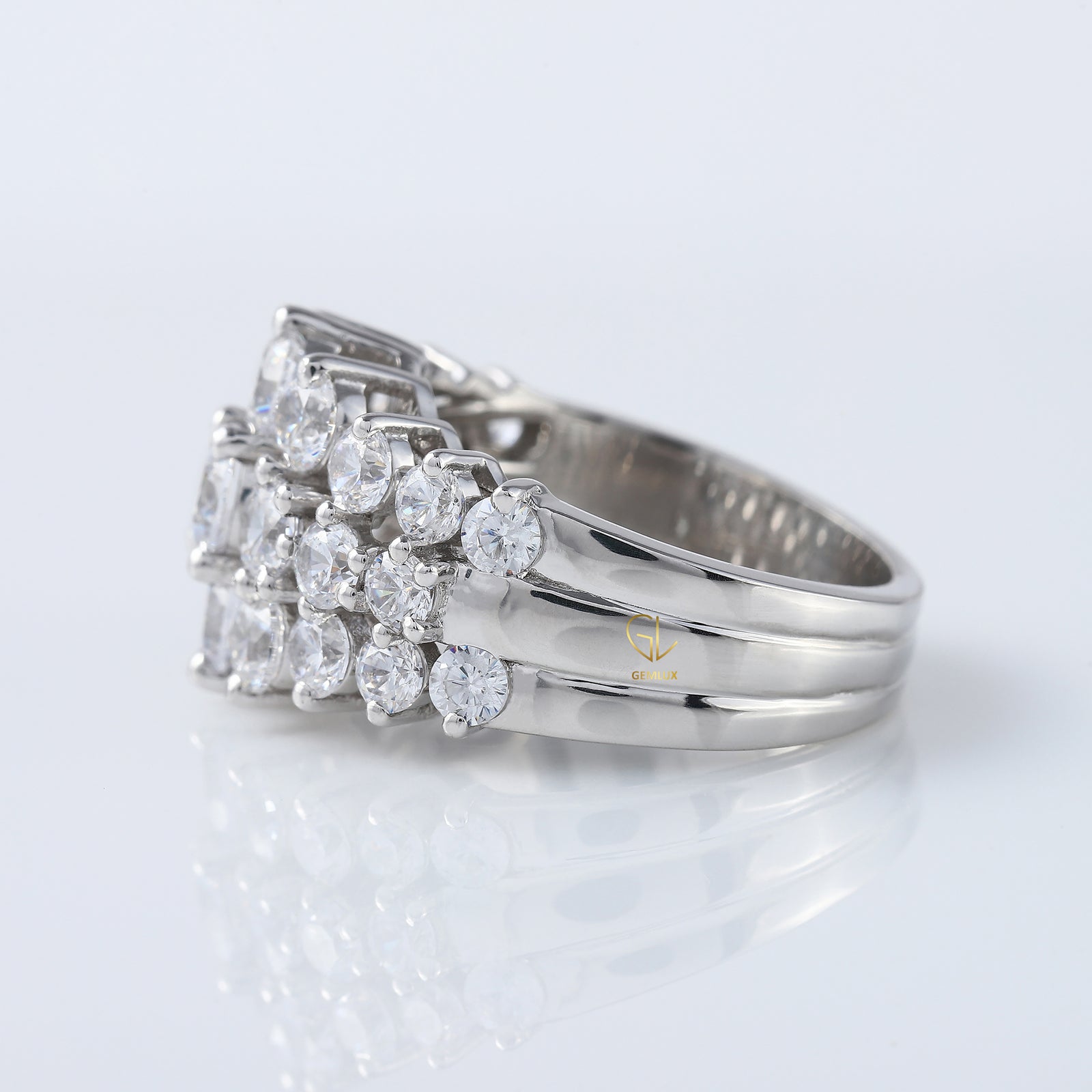Art Deco Three Row Round Moissanite Half Eternity Wedding Band
