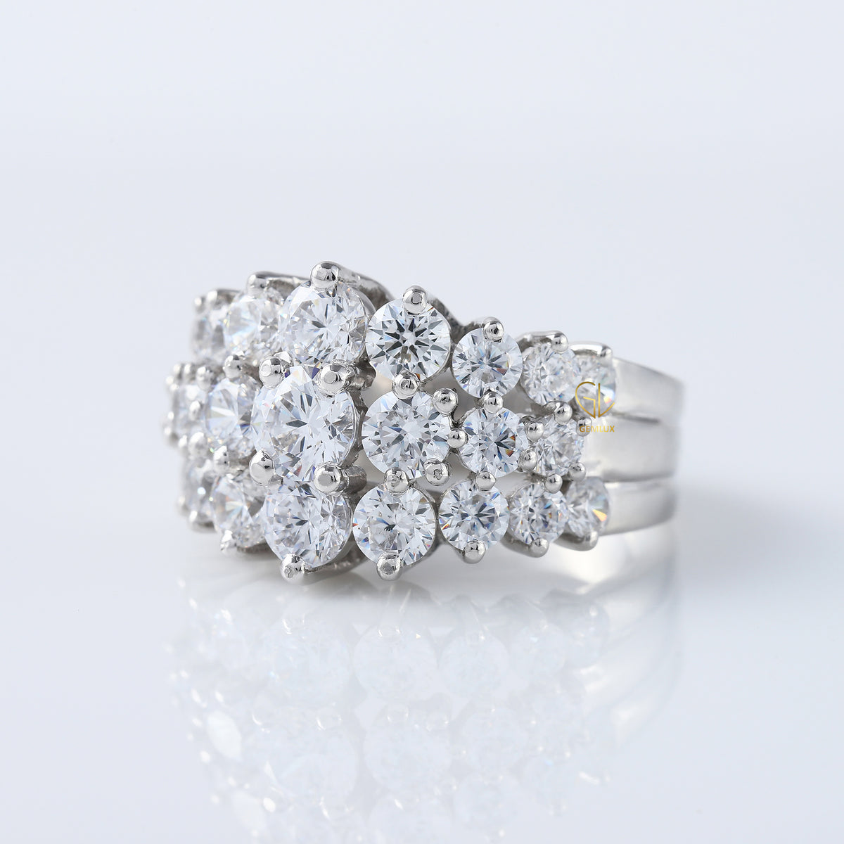 Art Deco Three Row Round Moissanite Half Eternity Wedding Band