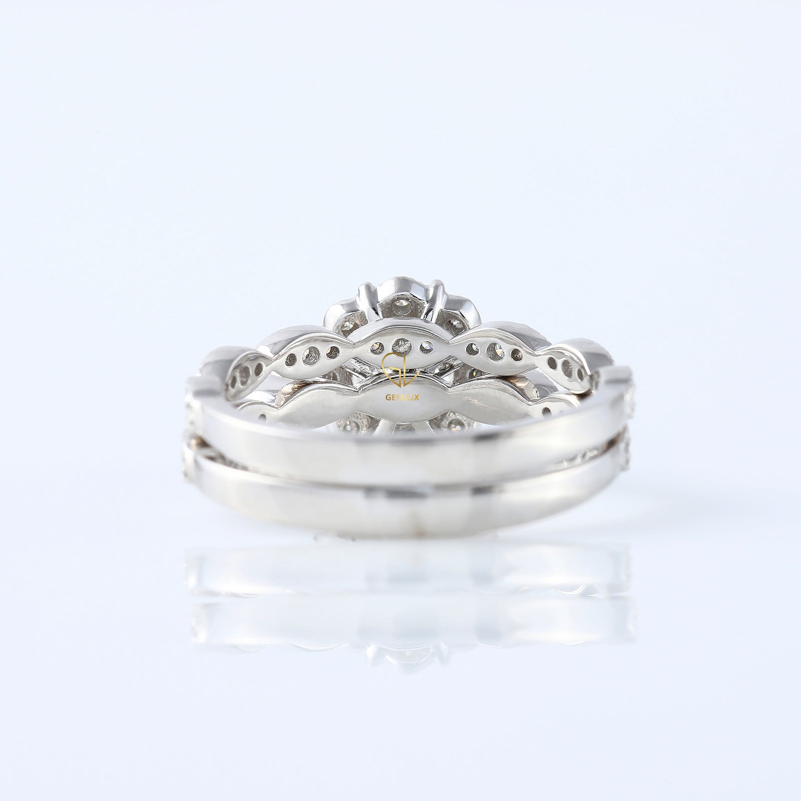 Vintage Inspired Round Moissanite Halo Ring With Milgrain Wedding Band Bridal Ring Set