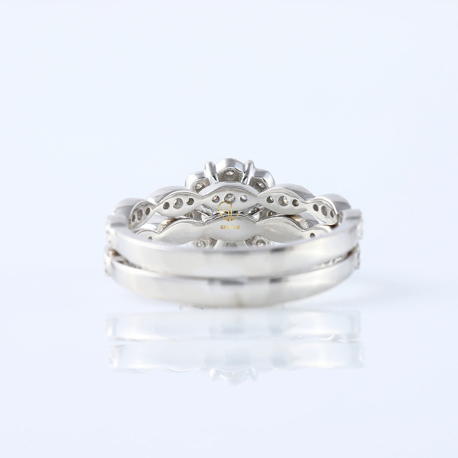 Vintage Inspired Round Moissanite Halo Ring With Milgrain Wedding Band Bridal Ring Set