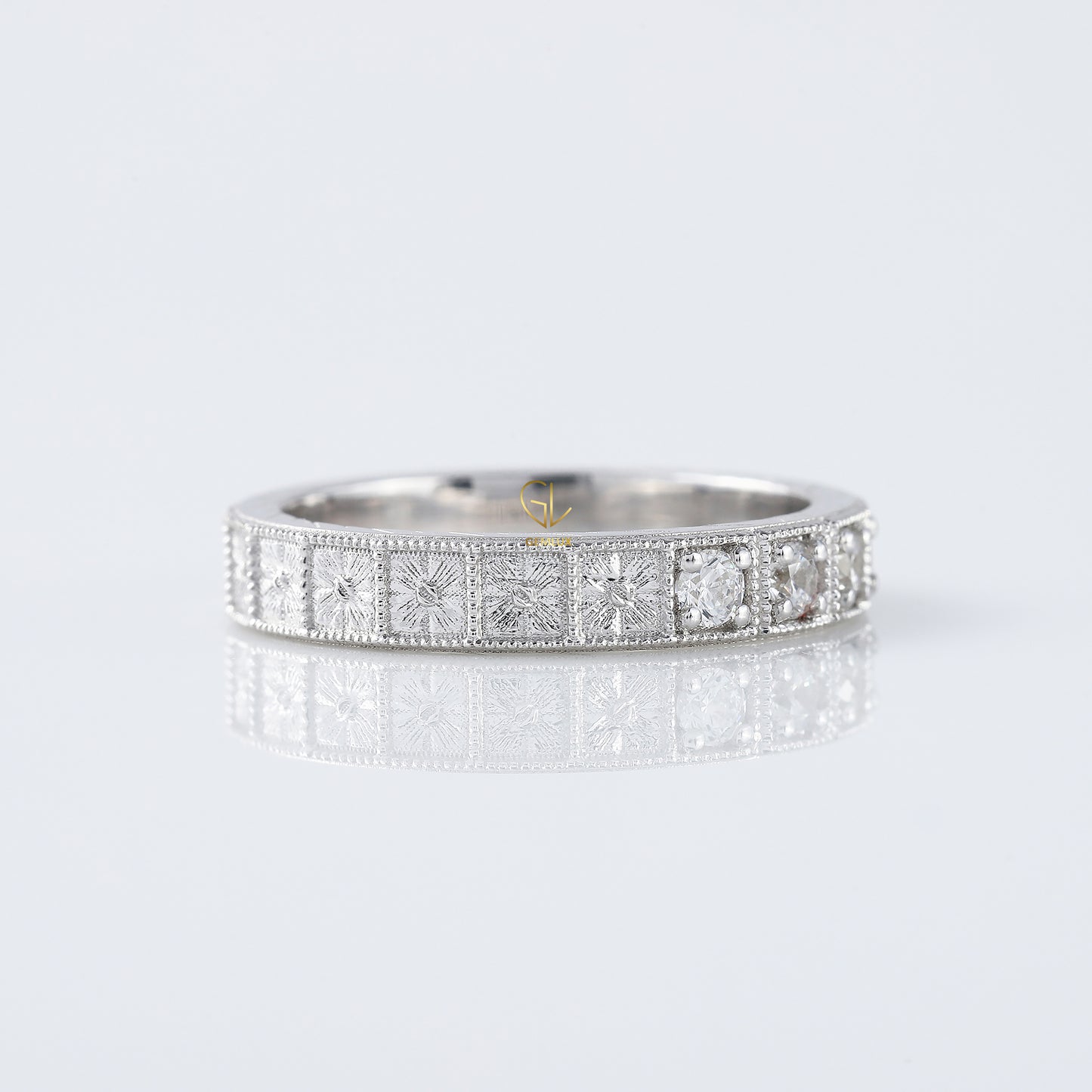 Five Stone Moissanite Antique Milgrain Wedding Band