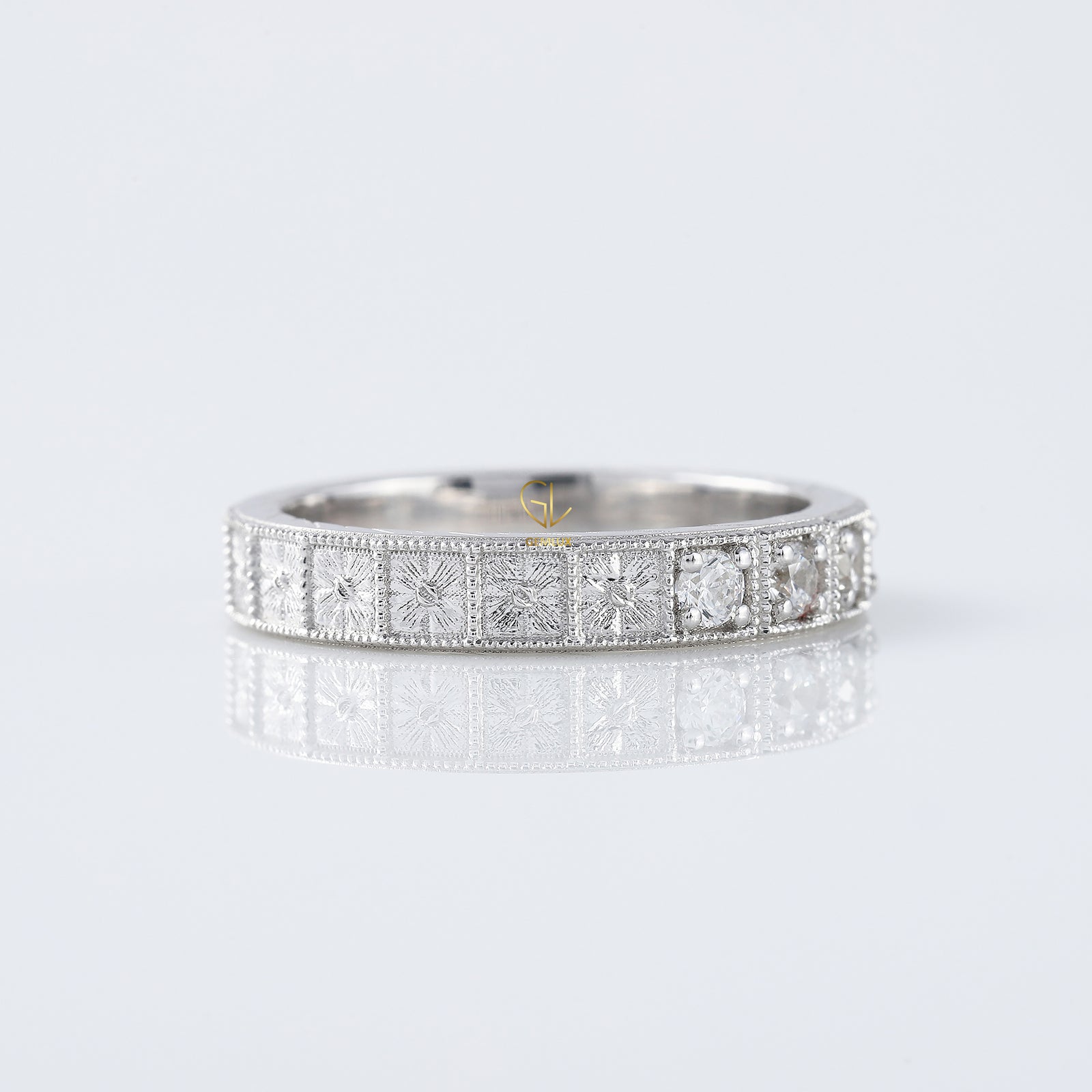 Five Stone Moissanite Antique Milgrain Wedding Band