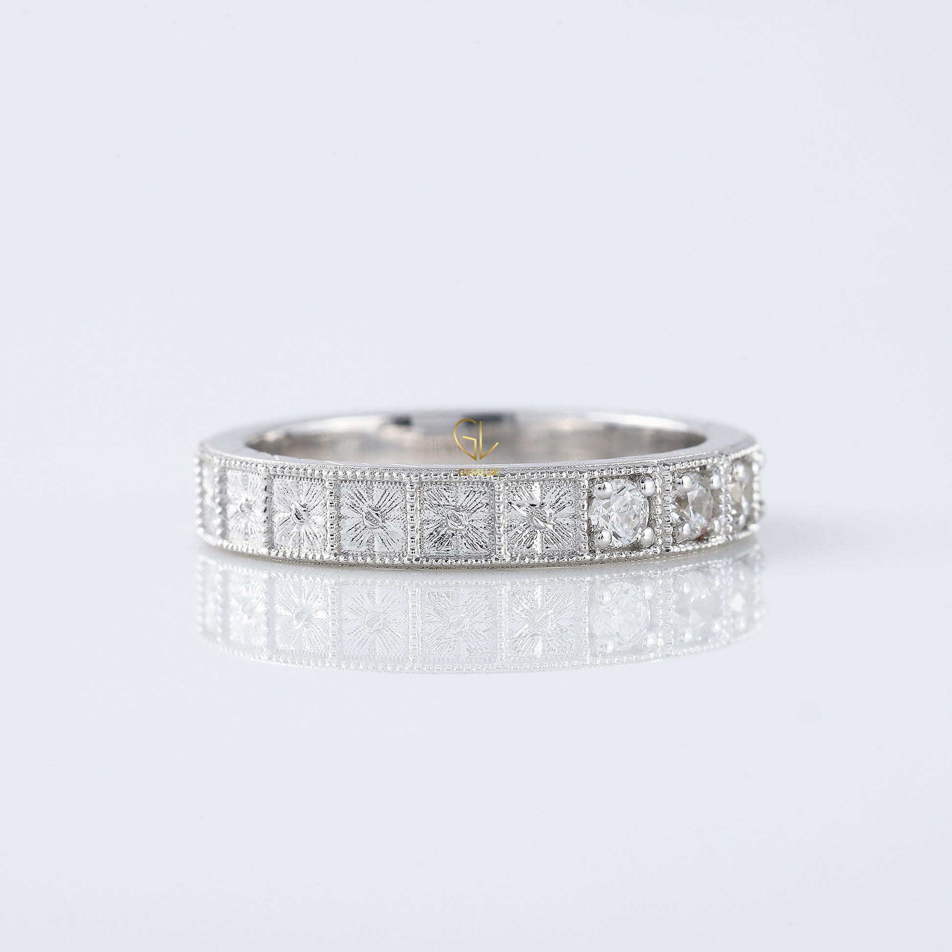 Five Stone Moissanite Antique Milgrain Wedding Band