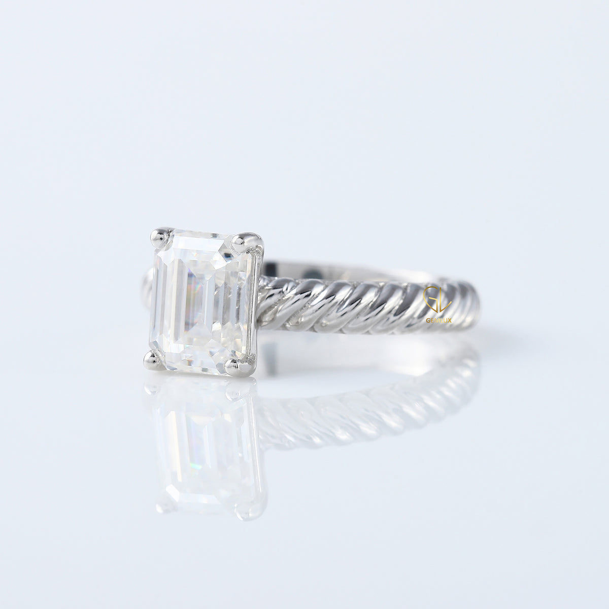 Twisted Wire Rope Emerald Cut Moissanite Solitaire Ring