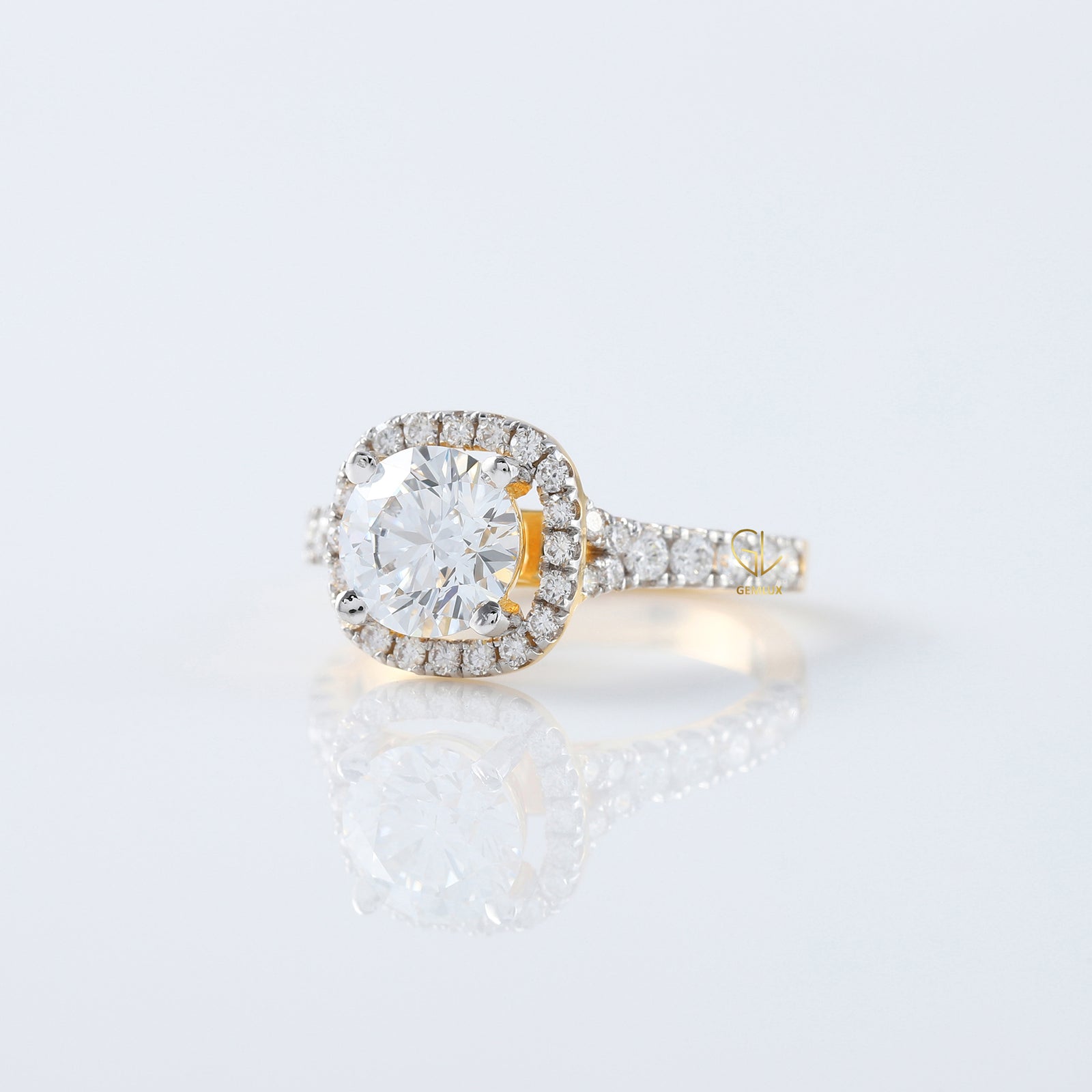Split Shank Cushion Cut Moissanite Diamond Halo Engagement Ring