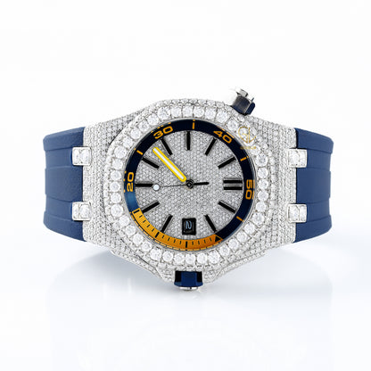 Iced Out Dial D VVS Moissanite Blue Rubber Strap Watch