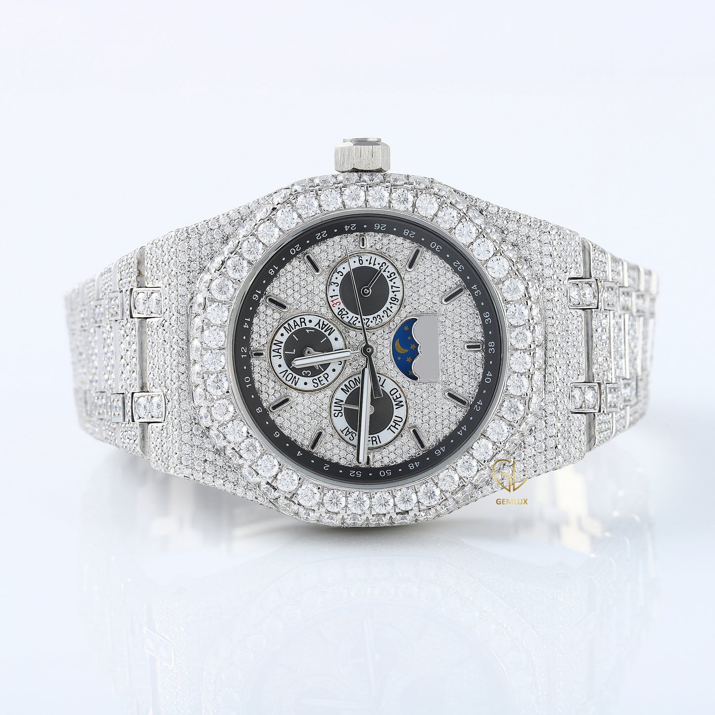 Stainless Steel VVS Moissanite Diamond Auto Date Watch For Men