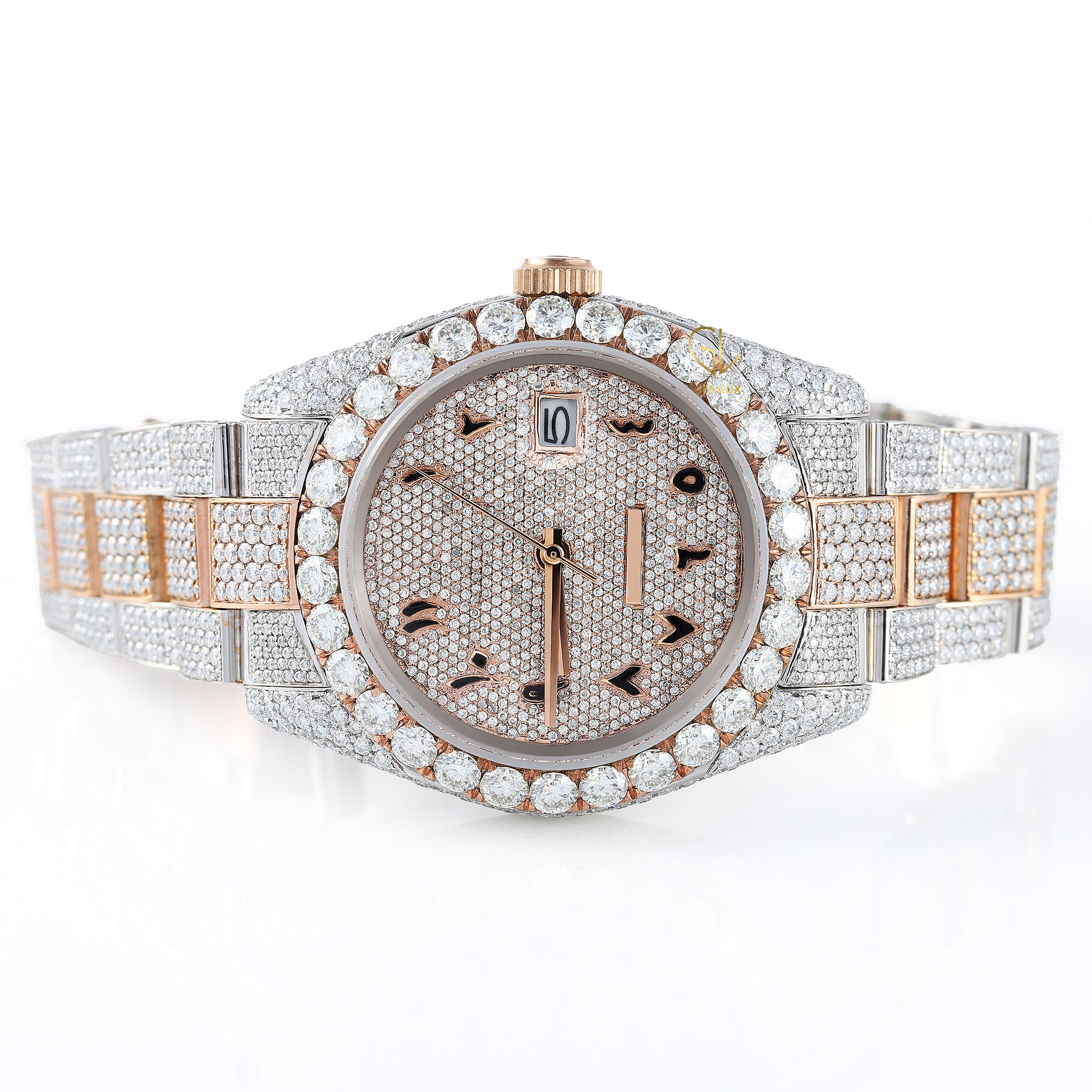 Arabic Dial Iced Out VVS Moissanite Rose Gold Plated Two Tone Watch