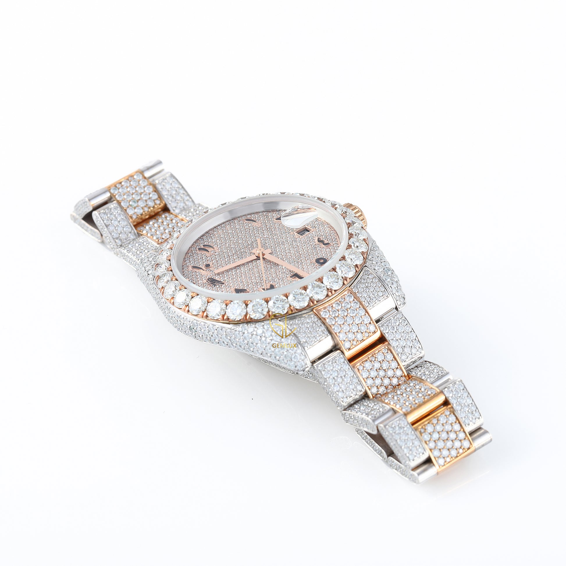 Arabic Dial Iced Out VVS Moissanite Rose Gold Plated Two Tone Watch