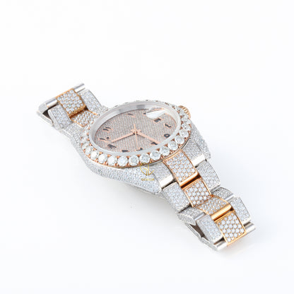Arabic Dial Iced Out VVS Moissanite Rose Gold Plated Two Tone Watch