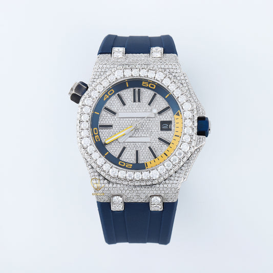 Men's Watch with Blue Silicone Band ,Iced Out VVS Moissanite Diamond Automatic Movement Watch