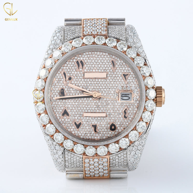 Two Tone Rose Gold Iced Out Arabic Dial Lab Grown Diamond Watch