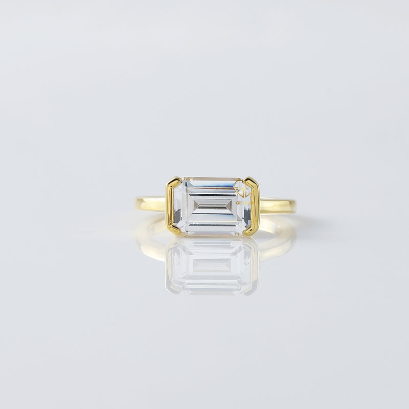 Emerald Cut Moissanite Solitaire East West Ring