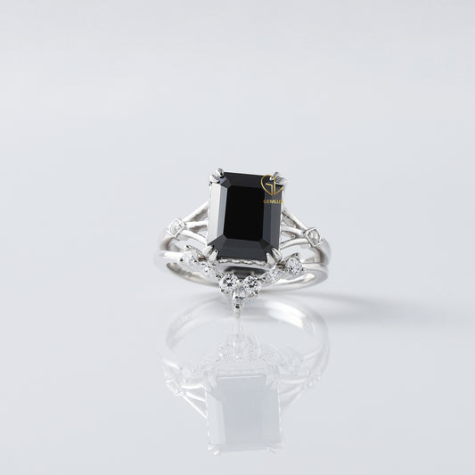 Black Emerald Cut Moissanite Diamond Ring With Curved Matching Bridal Ring Set