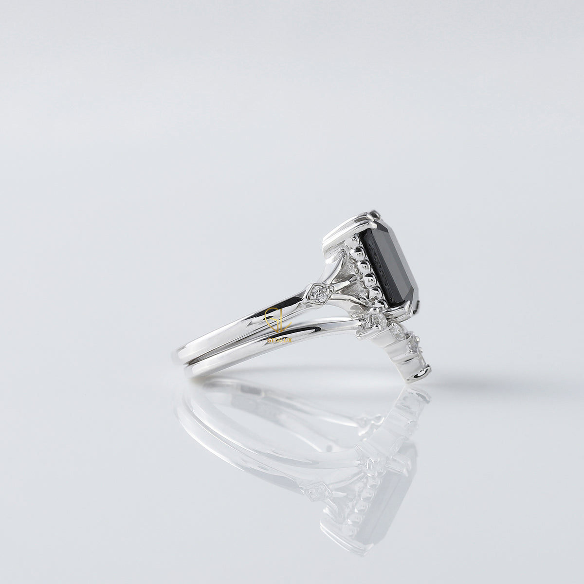 Black Emerald Cut Moissanite Diamond Ring With Curved Matching Bridal Ring Set