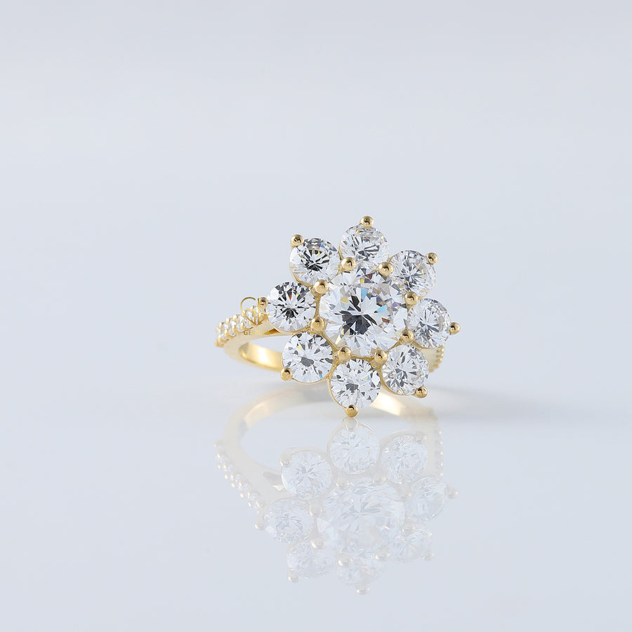 Round Moissanite Floral Engagement Ring In Yellow Gold