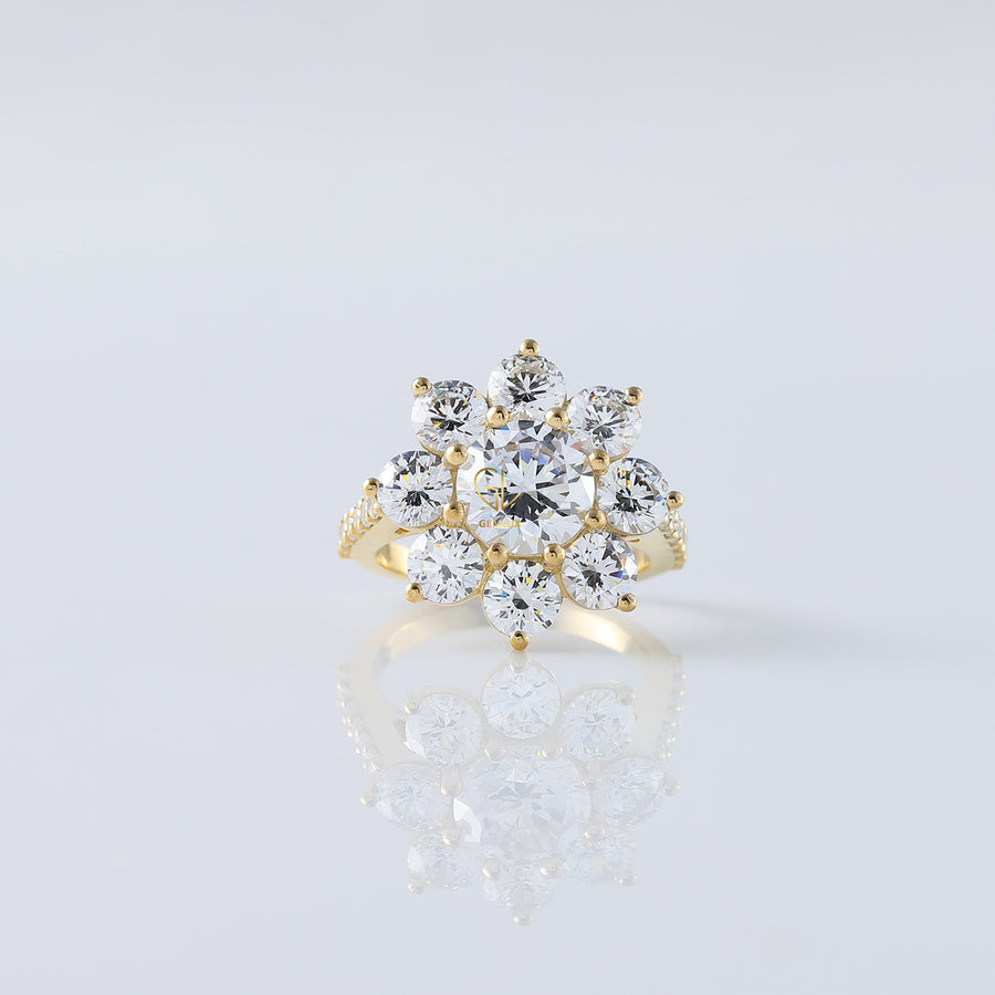 Round Moissanite Floral Engagement Ring In Yellow Gold