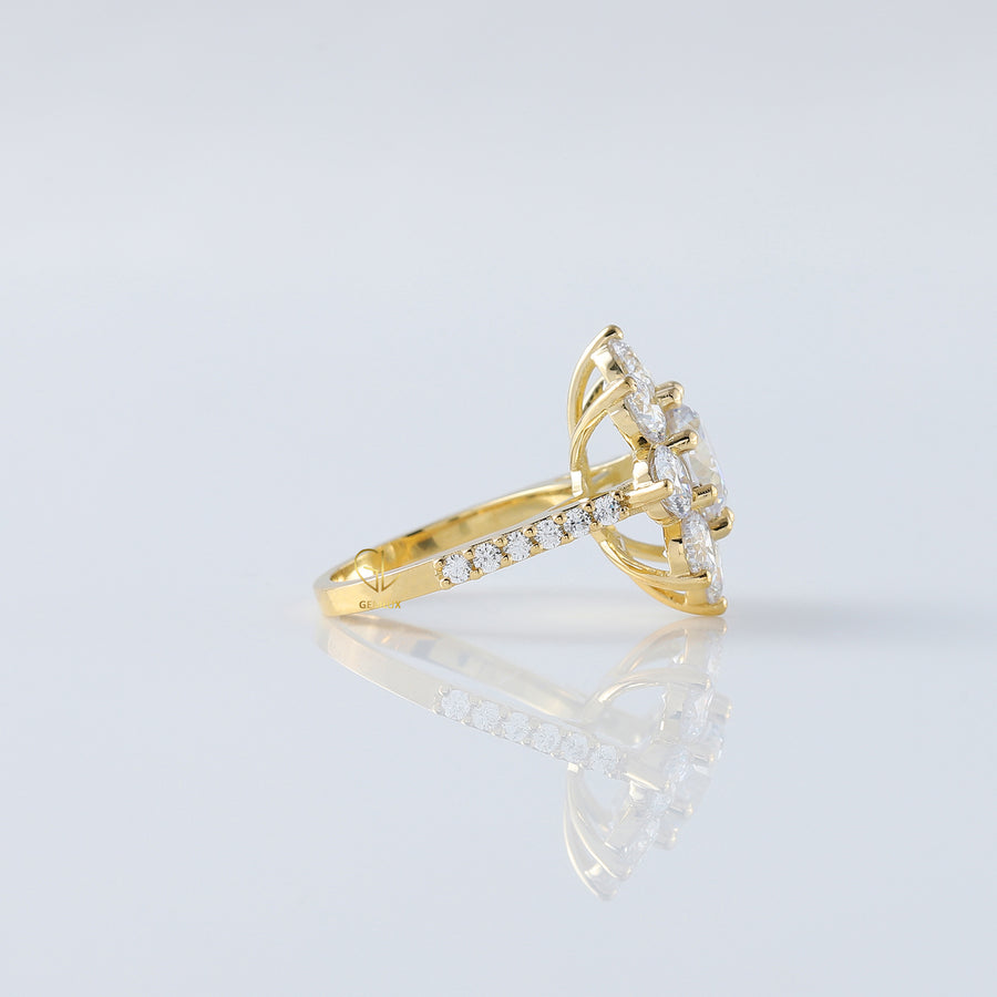 Round Moissanite Floral Engagement Ring In Yellow Gold