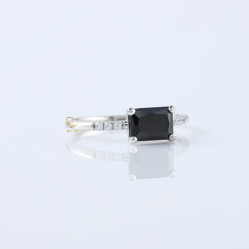 East to West 1.5 Ct Radiant Cut Black Moissanite Solitaire With Accent Ring