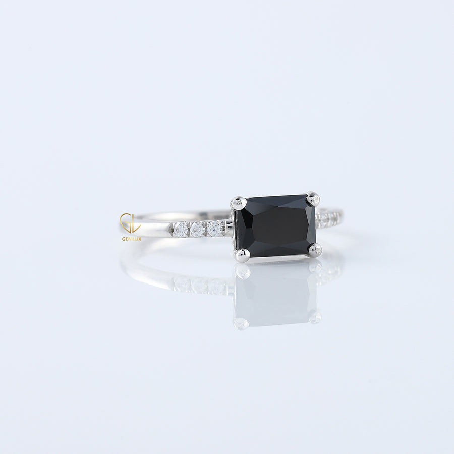 East to West 1.5 Ct Radiant Cut Black Moissanite Solitaire With Accent Ring