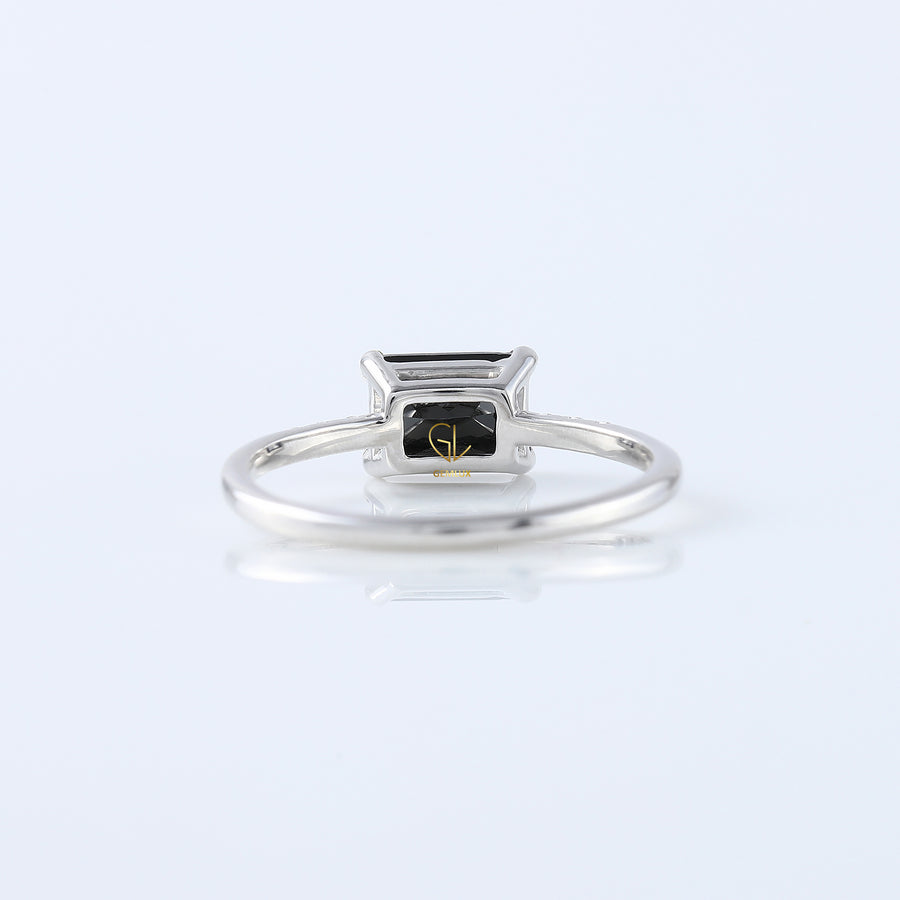 East to West 1.5 Ct Radiant Cut Black Moissanite Solitaire With Accent Ring