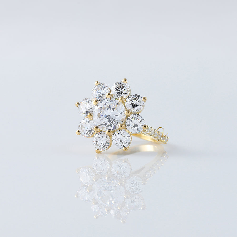 Round Moissanite Floral Engagement Ring In Yellow Gold