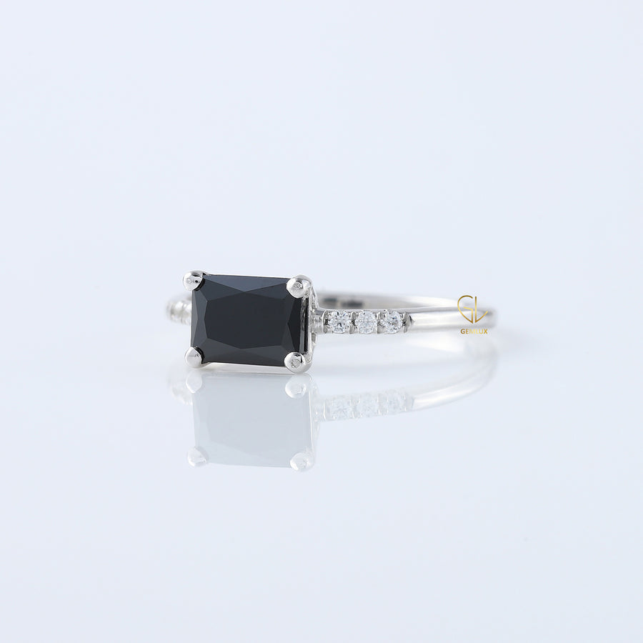East to West 1.5 Ct Radiant Cut Black Moissanite Solitaire With Accent Ring