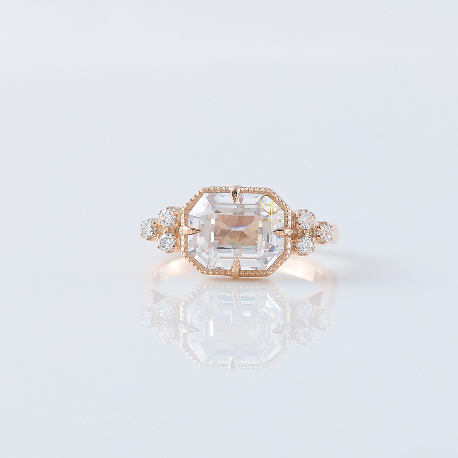 Art Deco East to West Emerald Cut Moissanite Diamond Engagement Ring