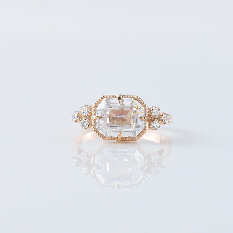 Step Cut Emerald Moissanite East West Vintage Ring