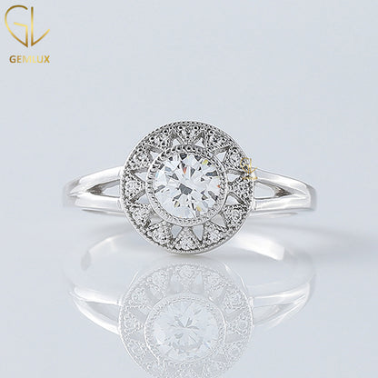 Art Deco Ring, Split Shank Ring, Round Cut Moissanite Engagement Ring, Halo Ring, Bezel Set Milgrain Ring, White Gold Ring