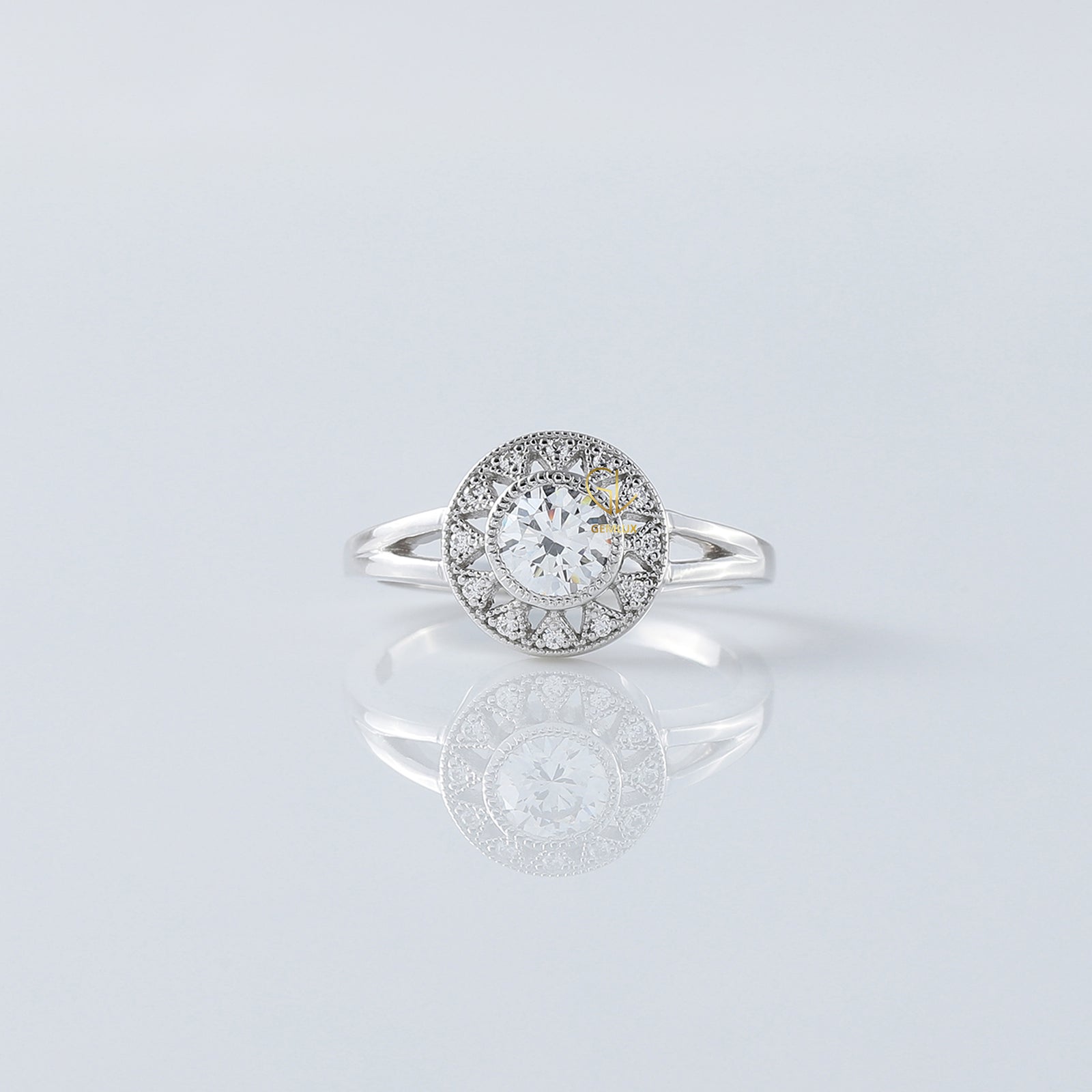 Art Deco Split Shank Round Cut Moissanite Diamond Halo Engagement Ring