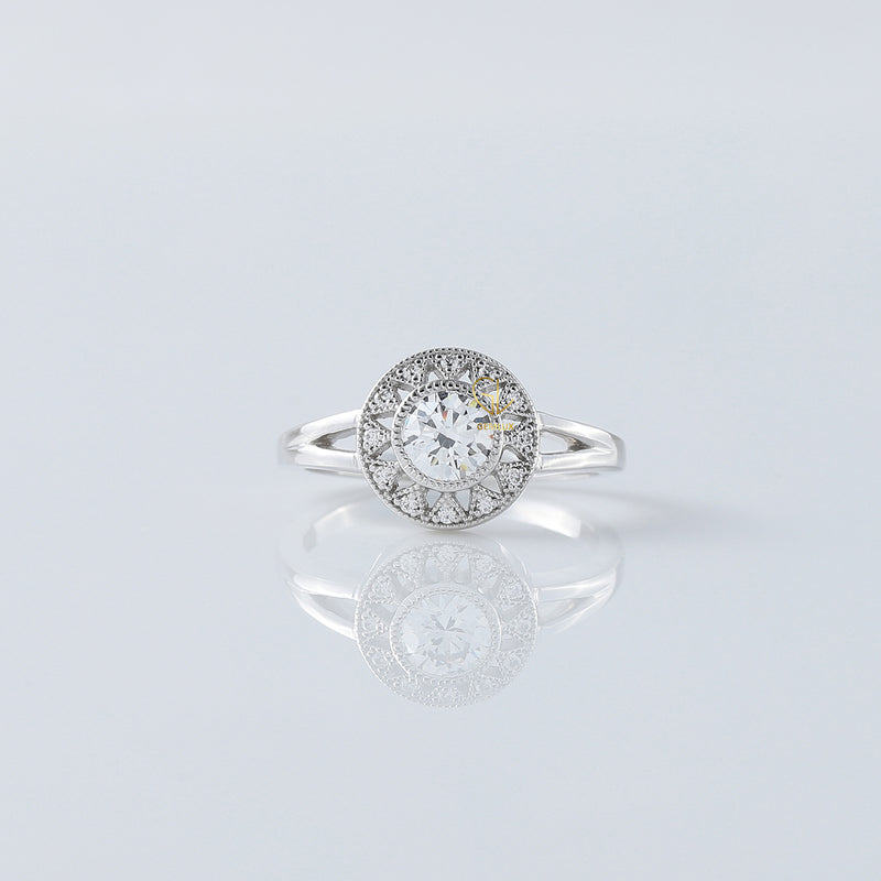 Round Moissanite Split Shank Art Deco Vintage Ring