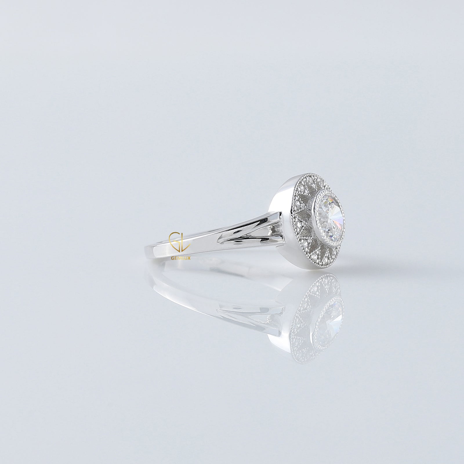 Art Deco Split Shank Round Cut Moissanite Diamond Halo Engagement Ring