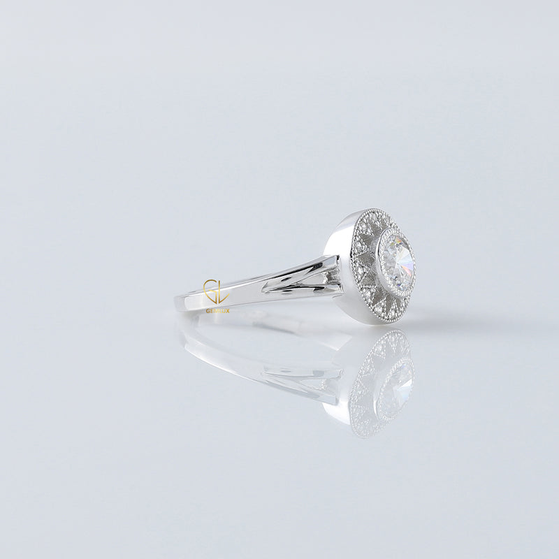 Round Moissanite Split Shank Art Deco Vintage Ring