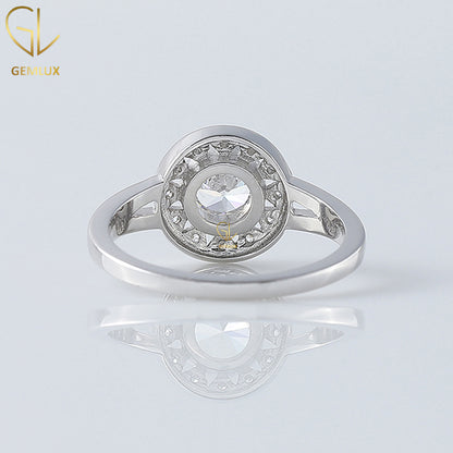 Art Deco Ring, Split Shank Ring, Round Cut Moissanite Engagement Ring, Halo Ring, Bezel Set Milgrain Ring, White Gold Ring