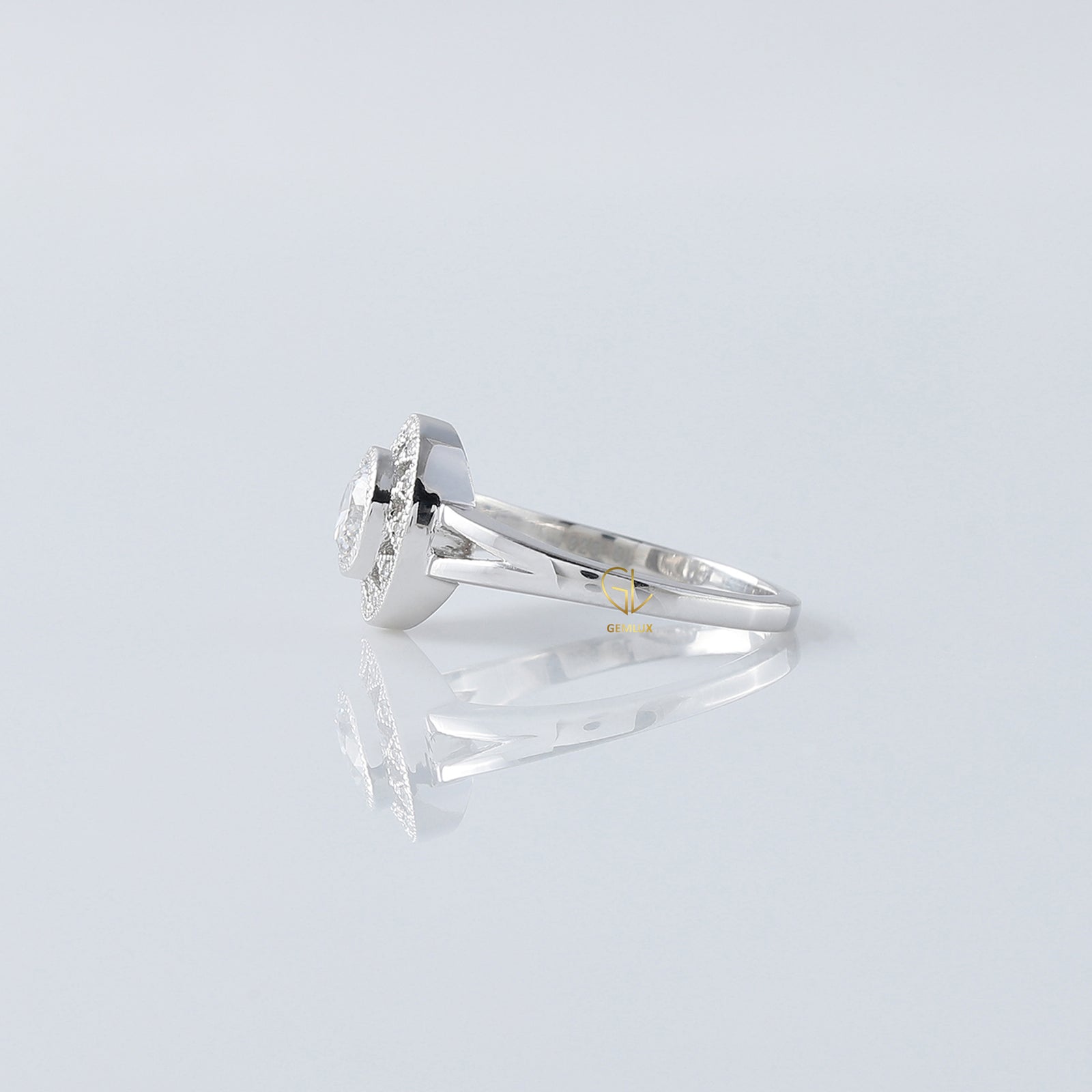 Art Deco Split Shank Round Cut Moissanite Diamond Halo Engagement Ring